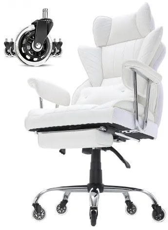 VEVOR Reclining Office Chair with Footrest, Heavy Duty PU Leather Wide Office Chair, Big and Tall Executive Office Chairs with Lumbar Support, Strong Metal Base Quiet Wheels, White