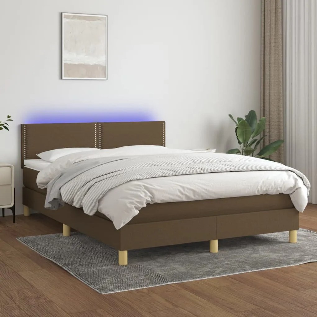 vidaXL Κρεβάτι Boxspring με Στρώμα & LED Σκ.Καφέ 140x190 εκ Υφασμάτινο