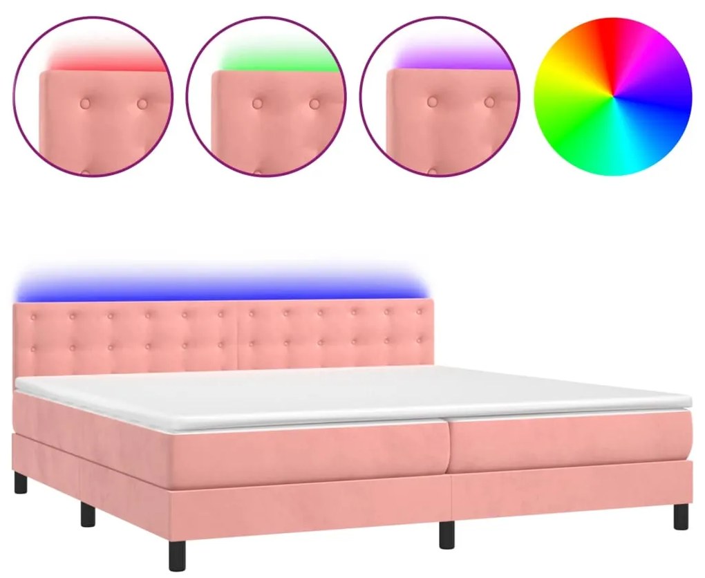 vidaXL Κρεβάτι Boxspring με Στρώμα &amp; LED Ροζ 200x200 εκ. Βελούδινο