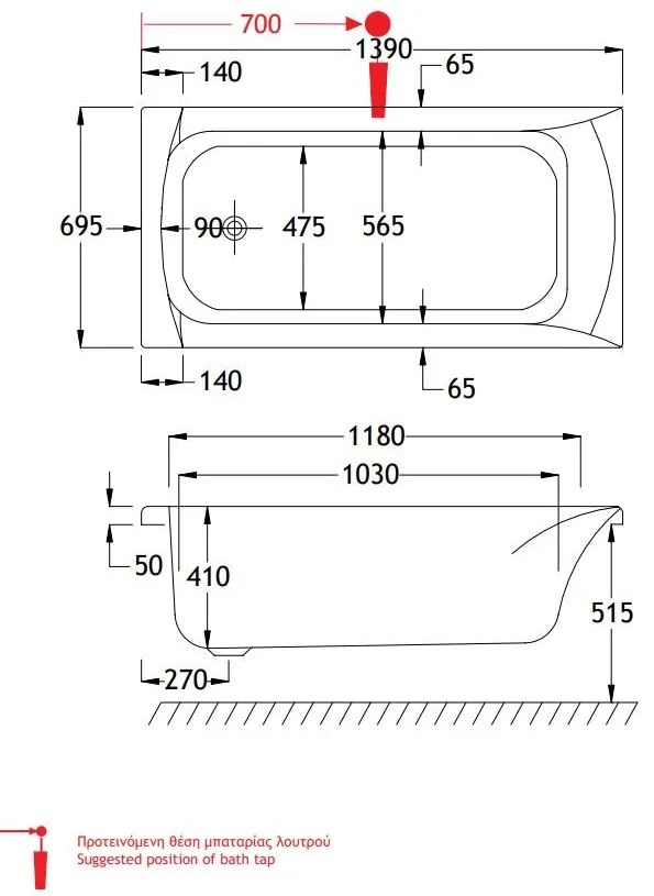 Μπανιέρα Carron Delta-140 x 70 εκ.-χωρίς υδρομασάζ