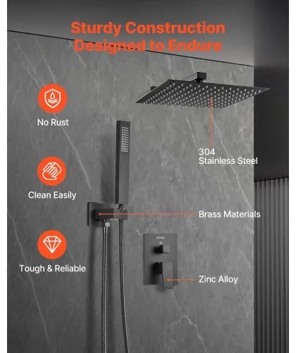 VEVOR Shower Faucet Set 8&quot; Square Rain Shower Head and Hand Set Matte Black