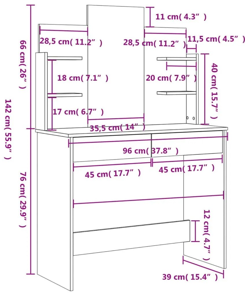 Μπουντουάρ με Καθρέφτη Καφέ Δρυς 96 x 39 x 142 εκ. - Καφέ