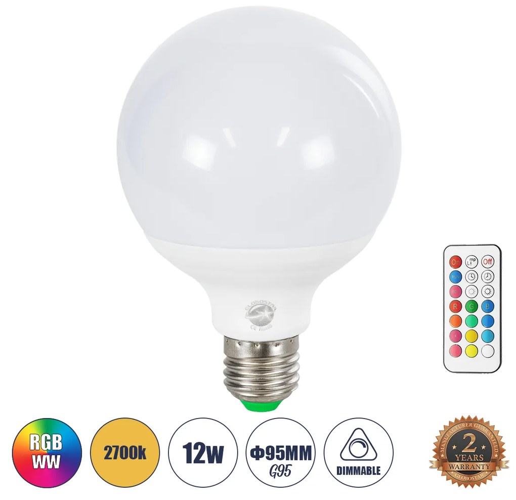 GloboStar 76071 Λάμπα LED E27 G95 Γλόμπος 12W 780lm 260° AC 220-240V IP20 Φ9.5 x Υ14cm - Εναλλαγή Φωτισμού μέσω Τηλεχειριστηρίου - Πολύχρωμο RGB+WW - 2 Years Warranty - 76071