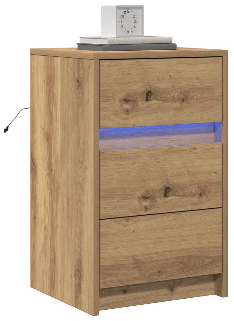 vidaXL Κομοδίνο με LED Φώτα Μασίφ Δρυς Επεξεργασμένο Ξύλο