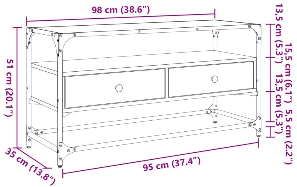 Έπιπλο Τηλεόρασης Γυάλ Επιφάνεια Sonoma Δρυς 98x35x51εκ Επ Ξύλο - Καφέ