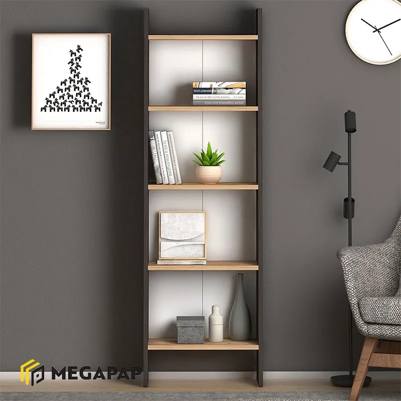 ΒΙΒΛΙΟΘΗΚΗ ΜΕΛΑΜΙΝΗΣ FLORA MEGAPAP ΧΡΩΜΑ INDUSTRIAL GREY - OAK 52X25X158ΕΚ.