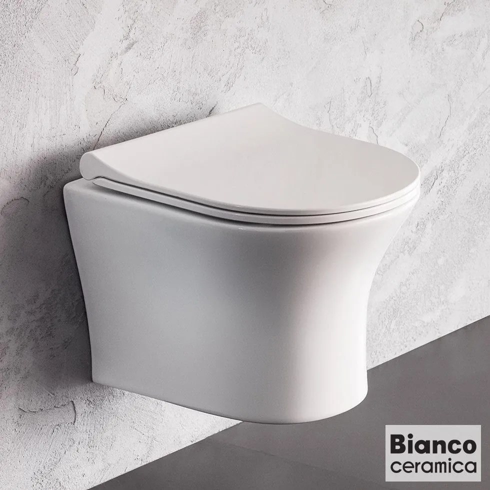 BIANCO CERAMICA AIDA AD11000SC-300 Rimless Λεκάνη Κρεμαστή με κάλυμμα βακελίτη SLIM Soft close White 48,5εκ