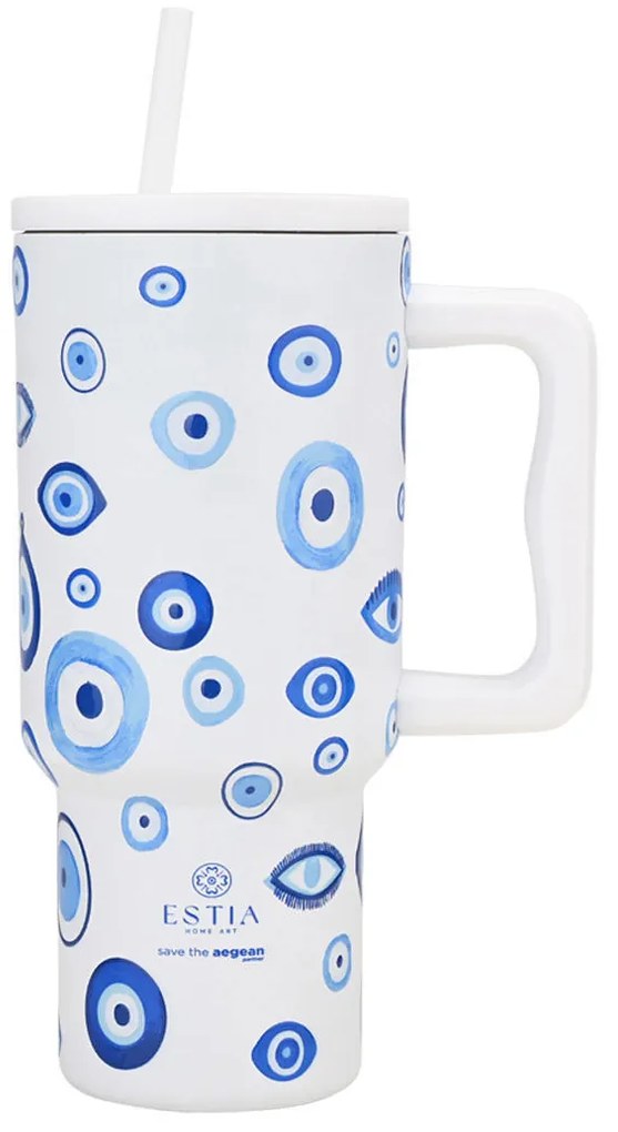 Κούπα Θερμός Με Λαβή &amp; Καλαμάκι 900ml Estia Save The Aegean Tumbler Spirit Of Luck 01-35204