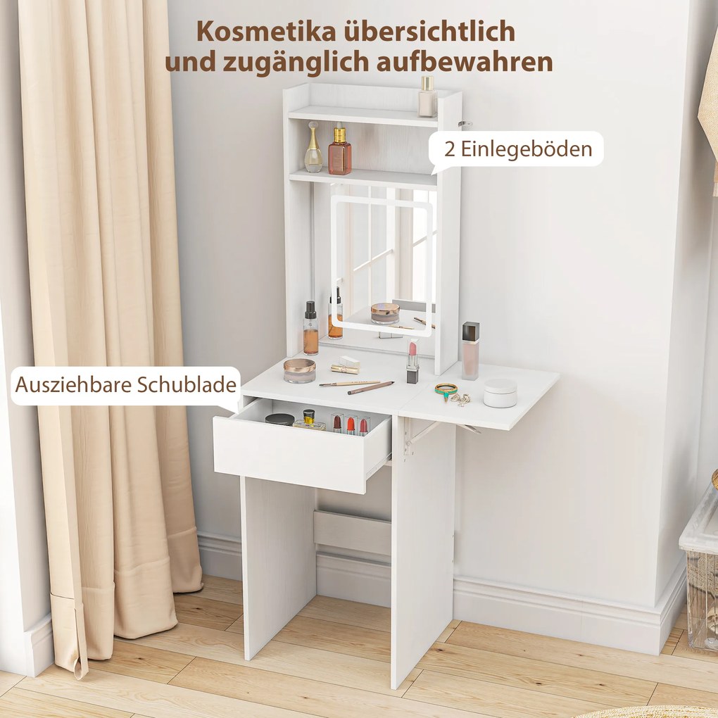 HOMCOM Συμπαγές τραπέζι μακιγιάζ με καθρέφτη και φωτισμό LED, αναδιπλούμενη επιφάνεια, ανοιχτά ράφια, συρτάρι, MDF, λευκό