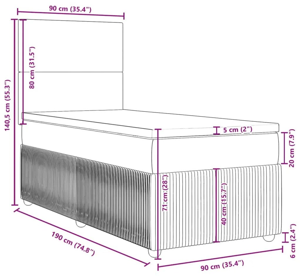 Κρεβάτι Boxspring με Στρώμα Μαύρο 90x190 εκ.Υφασμάτινο - Μαύρο