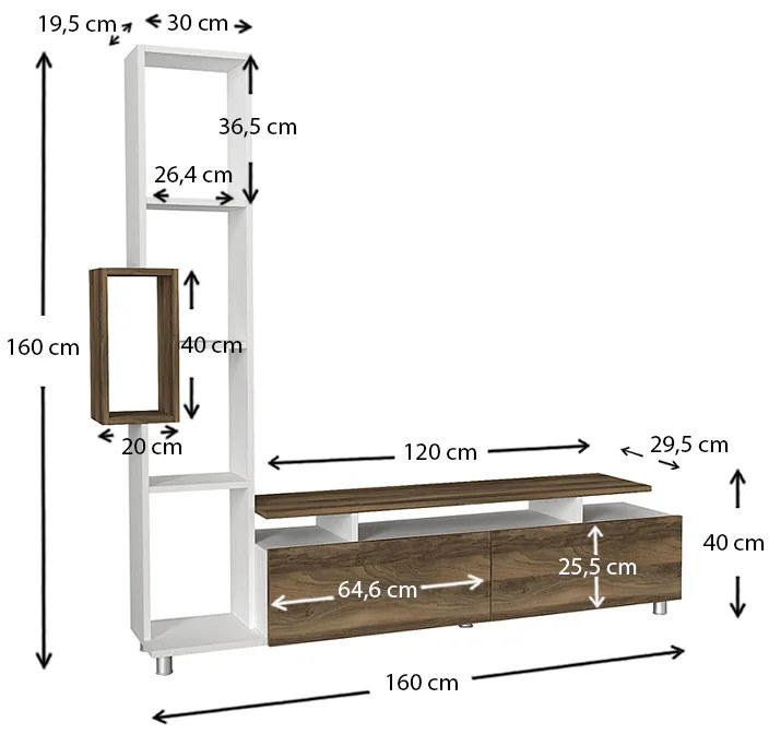 Σύνθεση τηλεόρασης Tulip Megapap χρώμα λευκό - καρυδί 160x29,5x160εκ.