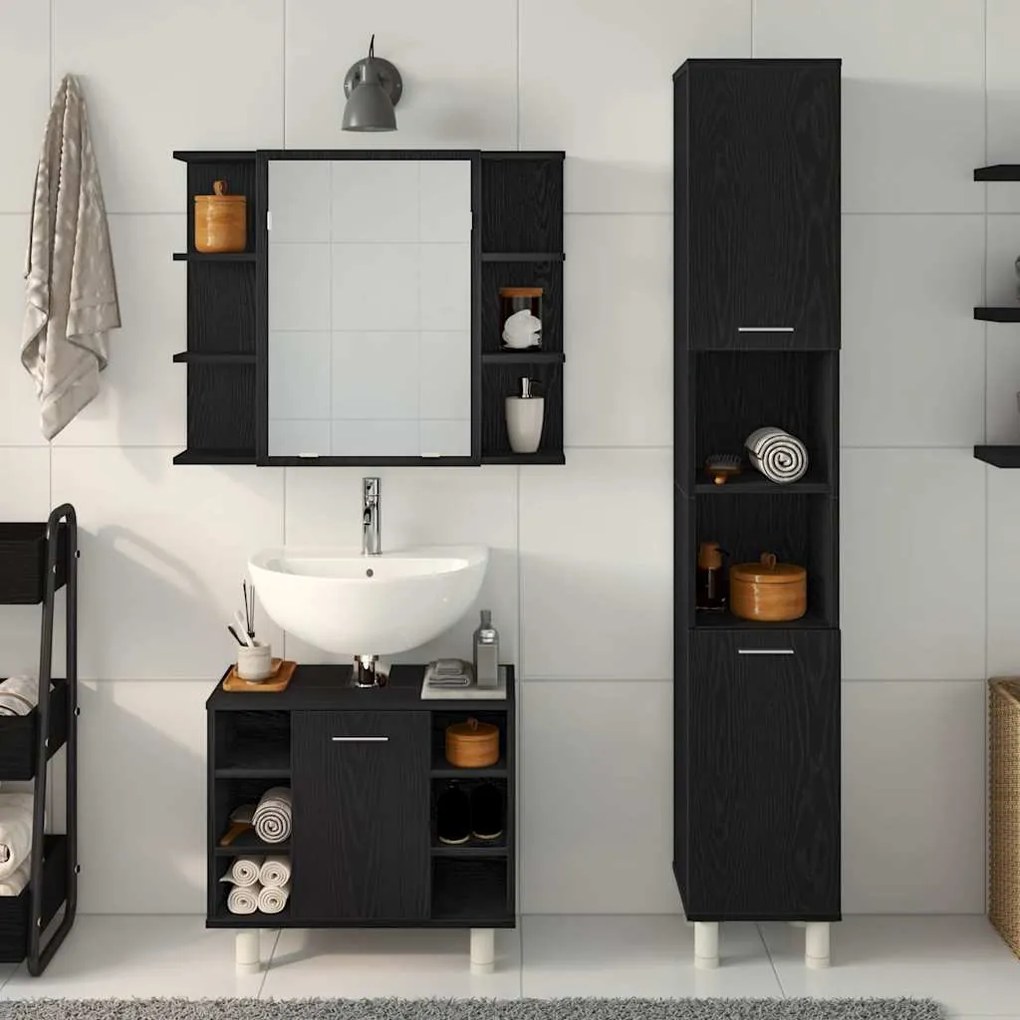 vidaXL Σετ Επίπλων Μπάνιου με ράφι 3 pcs Μαύρο 30 x 30 x 179.5 εκ