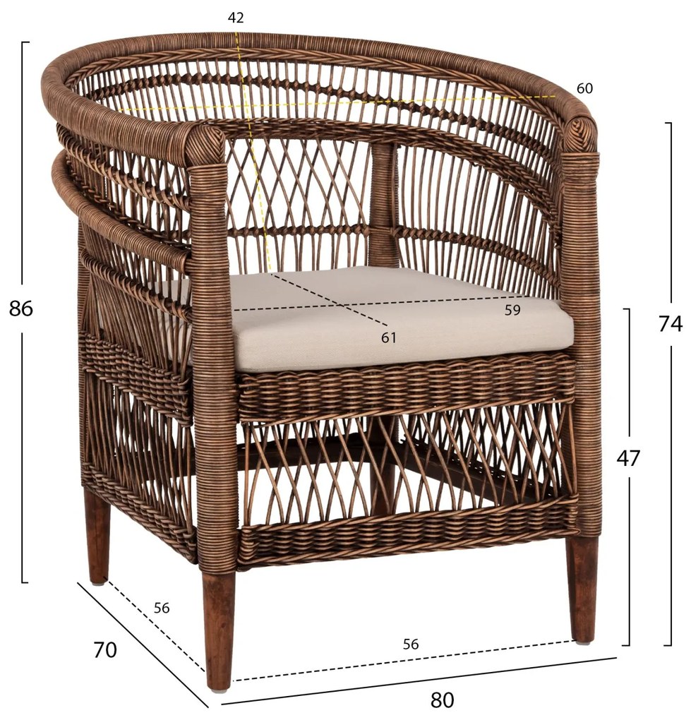 Καρέκλα - Πολυθρόνα MALAWI C9635.01 Ξύλο Μαόνι με Rattan Kαφέ και Λευκό Μαξιλάρι 80x70x86Υεκ. 80x70x86 εκ.