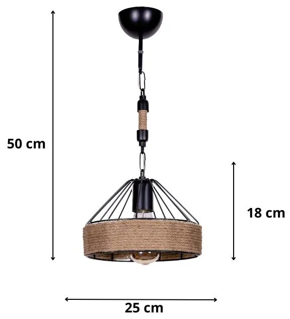 Φωτιστικό οροφής Crotone Megapap E27 μεταλλικό - σχοινί μονόφωτο χρώμα μαύρο - φυσικό Ø25x50εκ. - GP036-0084,1