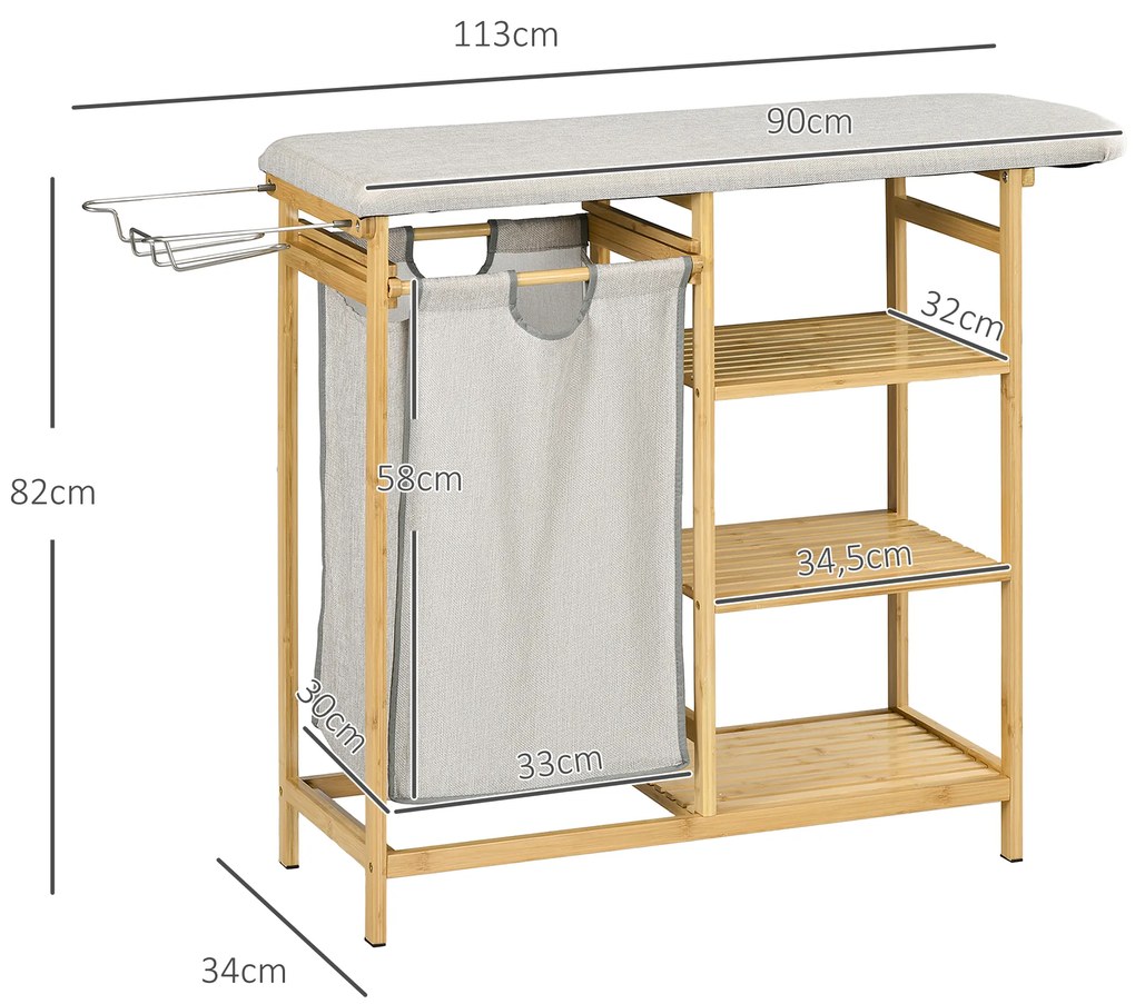 HOMCOM Συλλέκτης Ρούχων, Πολυλειτουργικός, Σιδερώστρα &amp; Υφασμάτινος Σάκος 57L, Μπαμπού Σκελετός, 113x34x82cm, Φυσικό/Γκρι