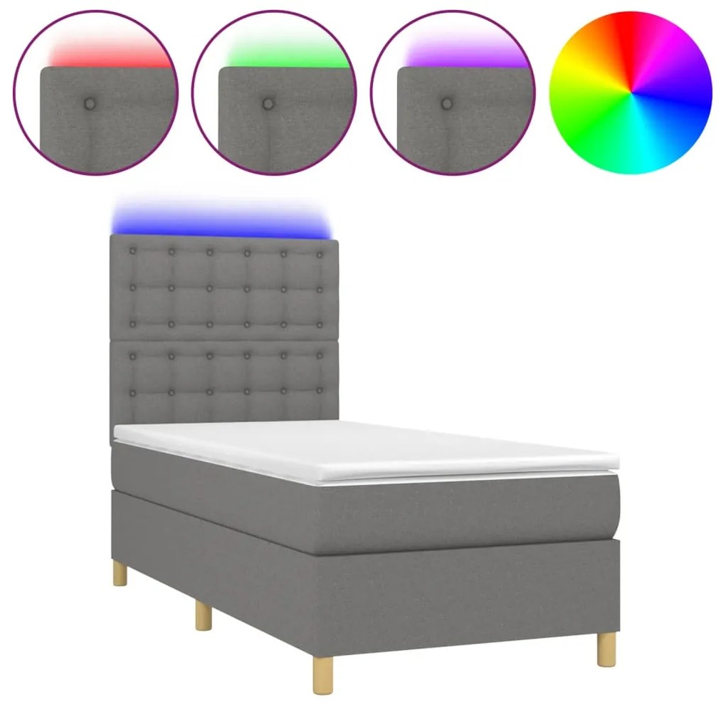 vidaXL Κρεβάτι Boxspring με Στρώμα &amp; LED Σκ.Γκρι 90x200 εκ. Υφασμάτινο