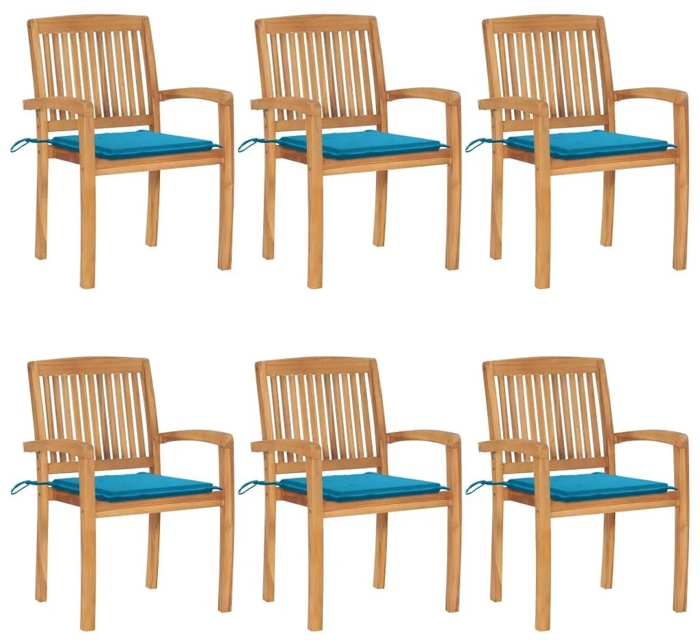 Καρέκλες Κήπου Στοιβαζόμενες 6 τεμ. Μασίφ Ξύλο Teak &amp; Μαξιλάρια - Μπλε