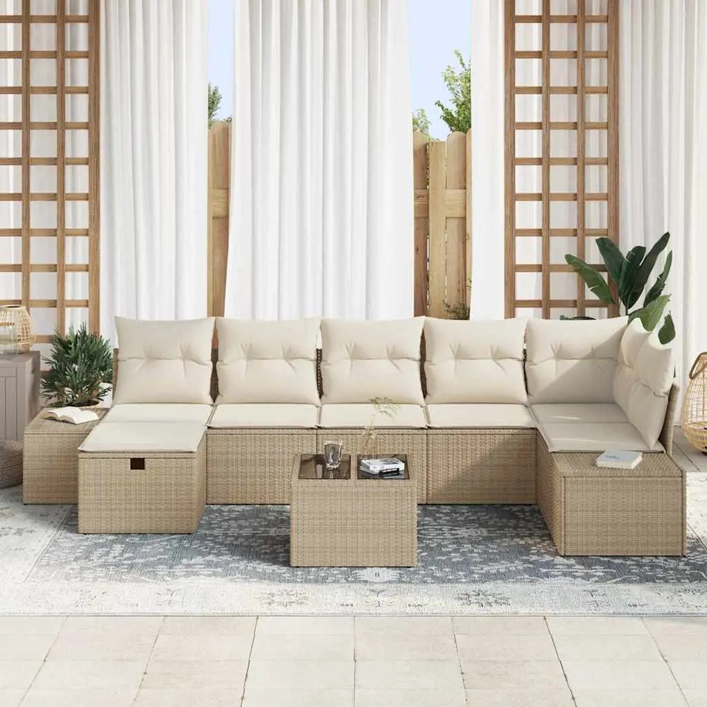 vidaXL Σετ Καναπέ Κήπου με μαξιλάρι 8 pcs Μπεζ Πολυ ράταν