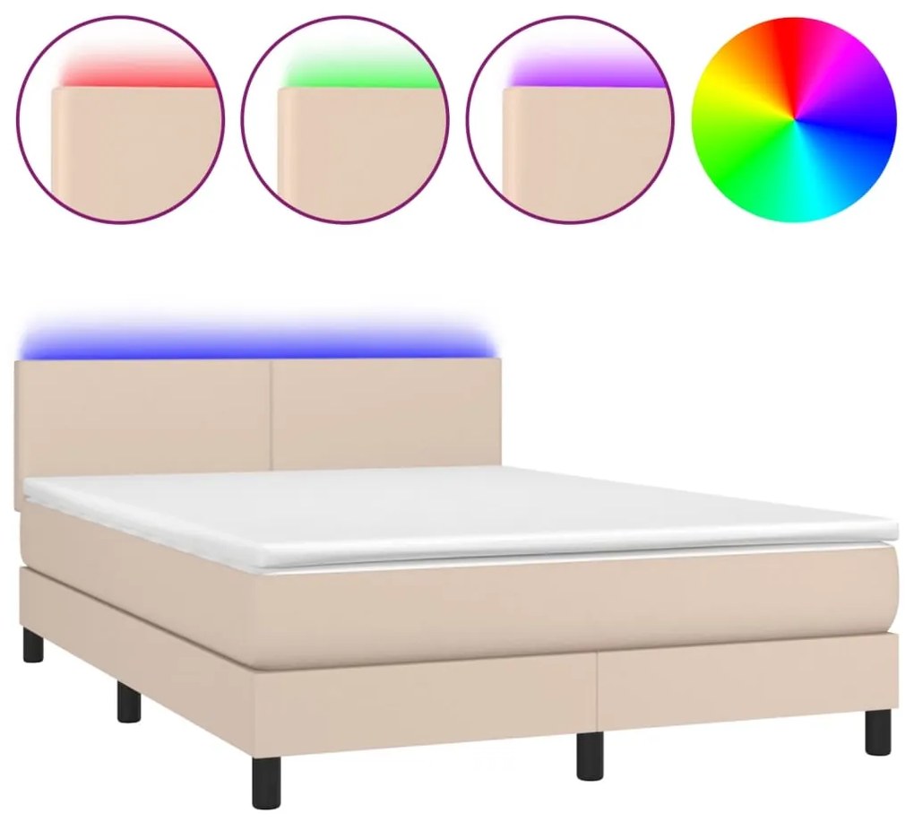 vidaXL Κρεβάτι Boxspring Στρώμα&LED Καπουτσίνο 140x190 εκ. Συνθ. Δέρμα