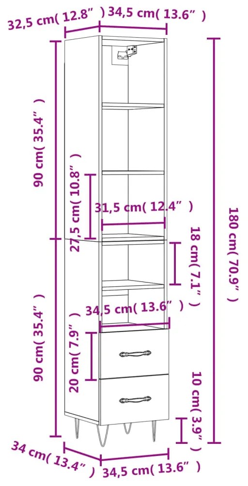 Μπουφές Sonoma Γκρι 34,5 x 34 x 180 εκ. από Επεξεργασμένο Ξύλο - Γκρι