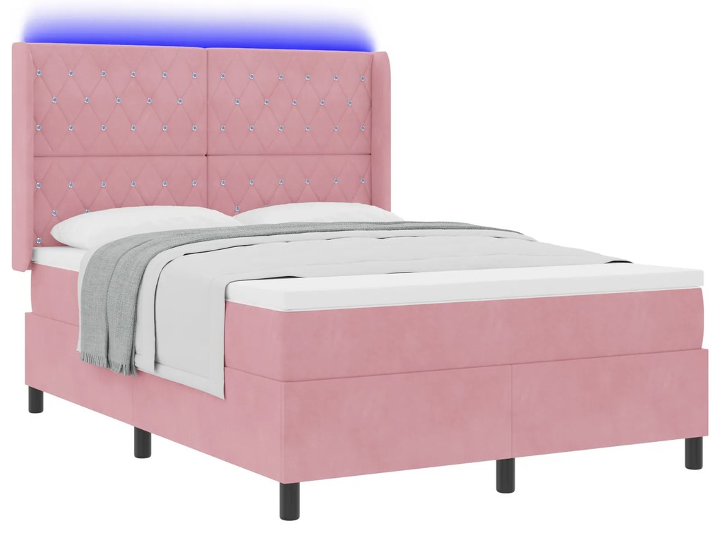 vidaXL Κρεβάτι Box Spring με Στρώμα & LED Ροζ 160x200 εκ Βελούδο