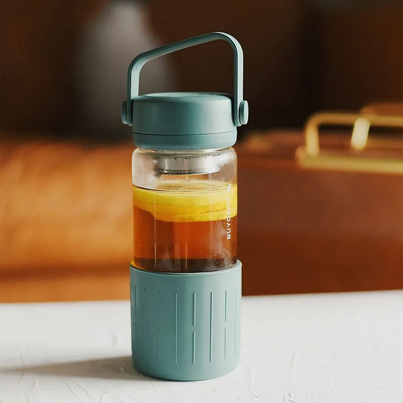 Γυάλινο μπουκάλι τσαγιού με εγχυτήρα Buydeem CD1008-PP, 325 ml, Ρυθμιζόμενο ζέσταμα, Λαβή, Μωβ