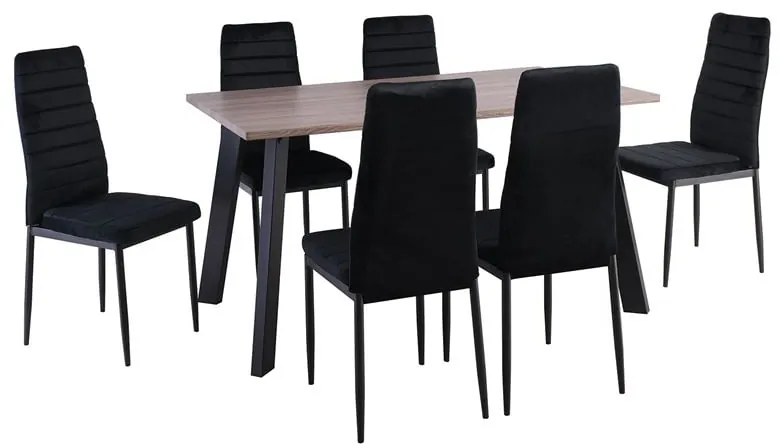 JETTA-BAXTER Τραπεζαρία Μέταλλ ο Βαφή Μαύρο, Τραπέζι Sonoma Oak + 6 Καρέκλες Velure Μαύρο Table:140x80x75 Chair:40x50x95