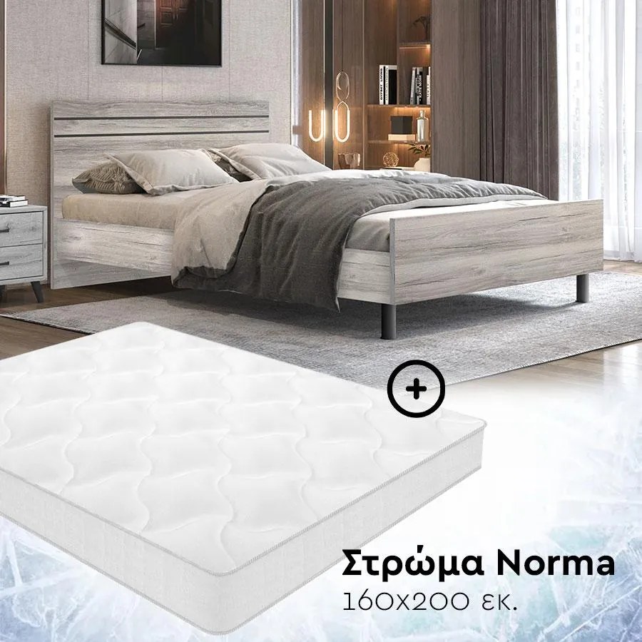 Σετ 3 τεμαχίων, Κρεβάτι HONEY Διπλό Σταχτί &amp; Στρώμα NORMA 160x200 εκ. 165x205x90 εκ.