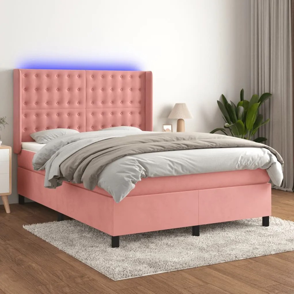 vidaXL Κρεβάτι Boxspring με Στρώμα & LED Ροζ 140x200 εκ. Βελούδινο