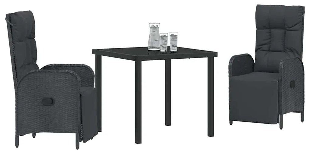 vidaXL Σέτ φαγητού για κήπο με μαξιλάρι 3 pcs Μαύρο Πολυ ράταν