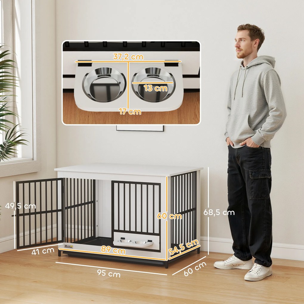 PawHut Μεγάλο Κλουβί Σκύλου, εύκολη πρόσβαση, κλειδώνει, περιστρεφόμενη βάση για μπολ, για μικρούς και μεγάλους σκύλους, λευκό