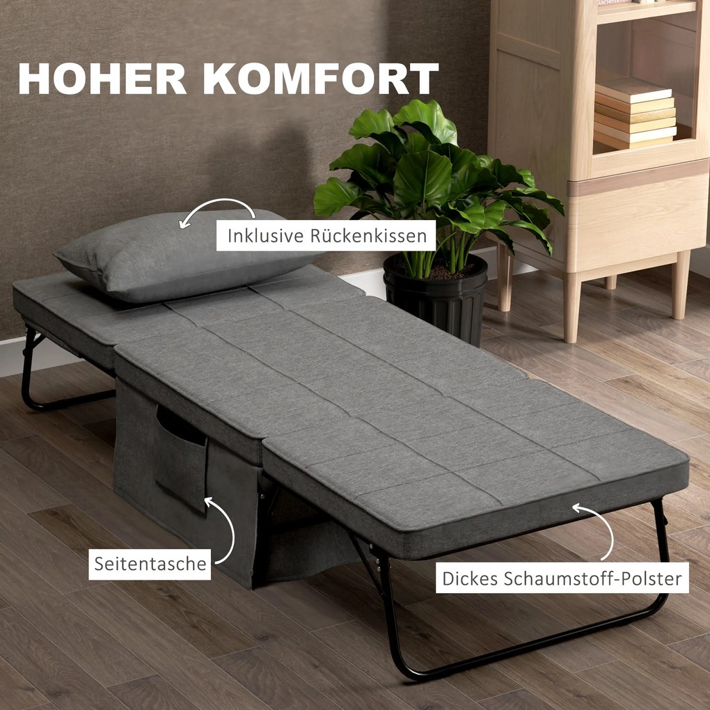HOMCOM Κρεβάτι-καναπές 4-σε-1, κρεβάτι επισκεπτών, ρυθμιζόμενο ύψος, στρώμα, πλαϊνές τσέπες, μεταλλικό πλαίσιο, γκρι, 188 x 75 x 38 cm