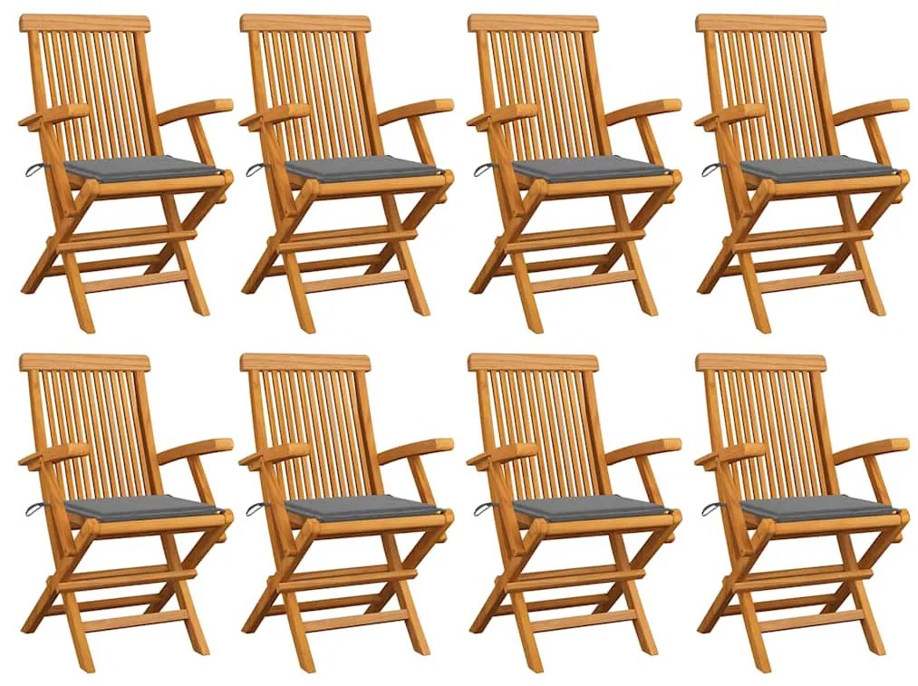 vidaXL Καρέκλες Κήπου 8 τεμ. Μασίφ Ξύλο Teak με Γκρι Μαξιλάρια