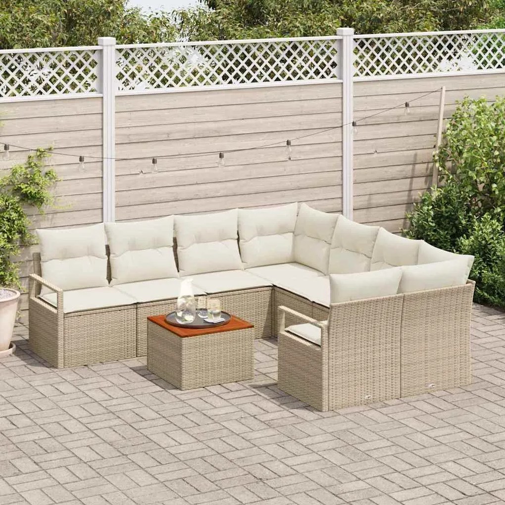 vidaXL Σετ Καναπέ Κήπου με μαξιλάρι 9 pcs Μπεζ Πολυ ράταν