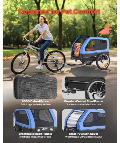 VEVOR Dog Bike Trailer, Supports up to 40 kg, 2-in-1 Pet Stroller Cart Bicycle Carrier for Small &amp; Large Dogs, Easy Folding Frame with Quick Release Wheel, Universal Bicycle Coupler, Internal Leash