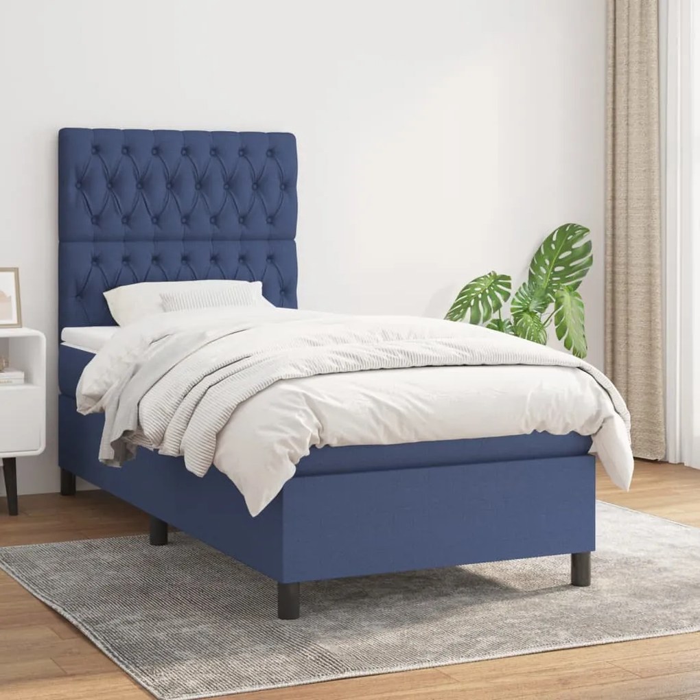 vidaXL Κρεβάτι Boxspring με Στρώμα Μπλε 100 x 200 εκ. Υφασμάτινο