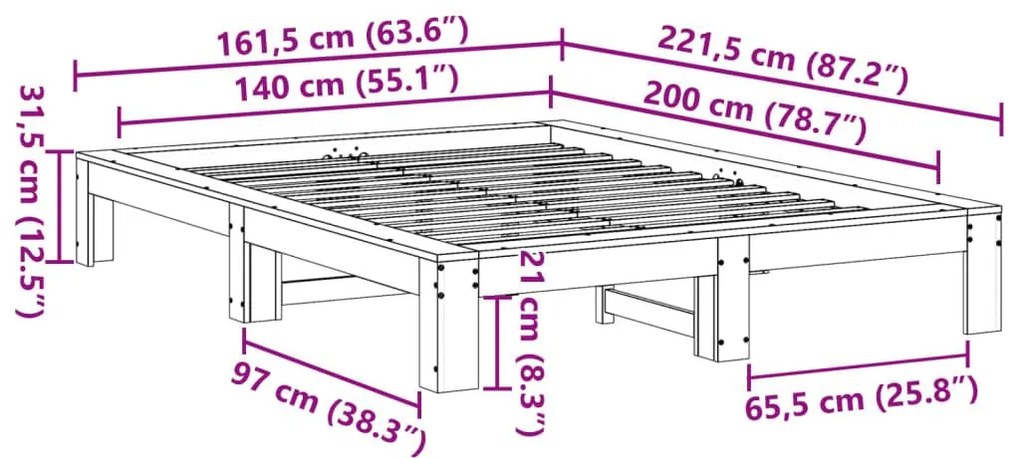 Σκελετός Κρεβατιού Χωρίς Στρώμα Καφέ 140x200 Μασίφ Ξύλο Πεύκου - Καφέ