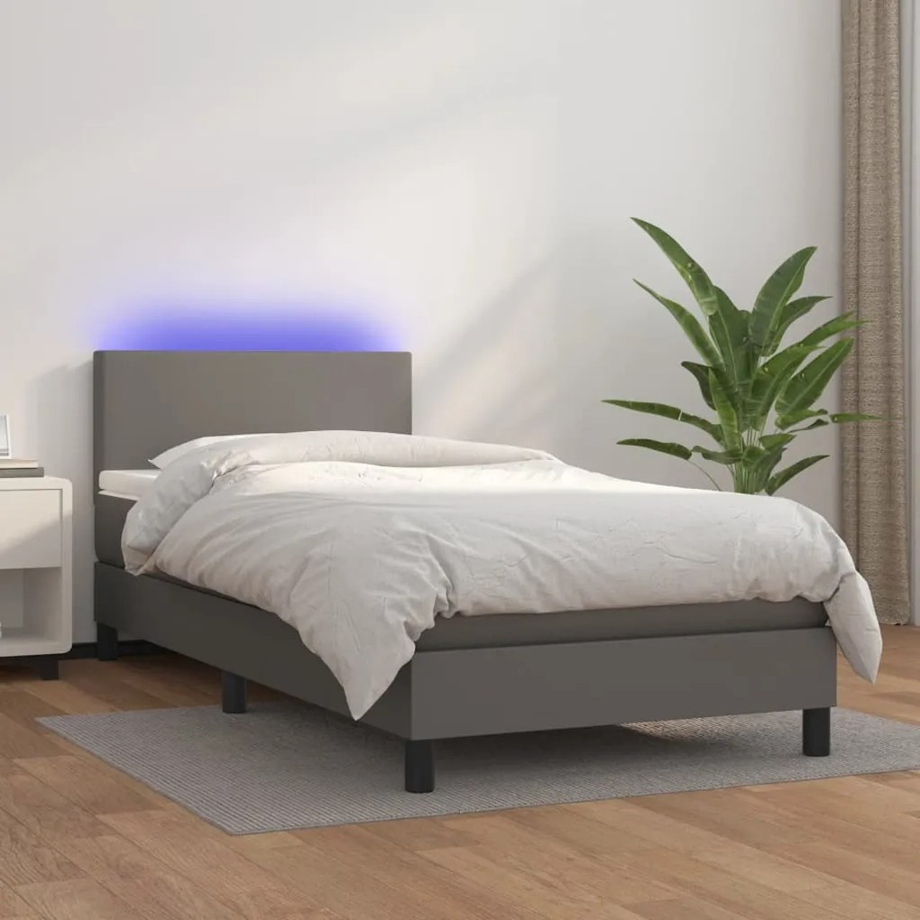 Κρεβάτι Boxspring με Στρώμα &amp; LED Γκρι 80x200 εκ. Συνθ. Δέρμα