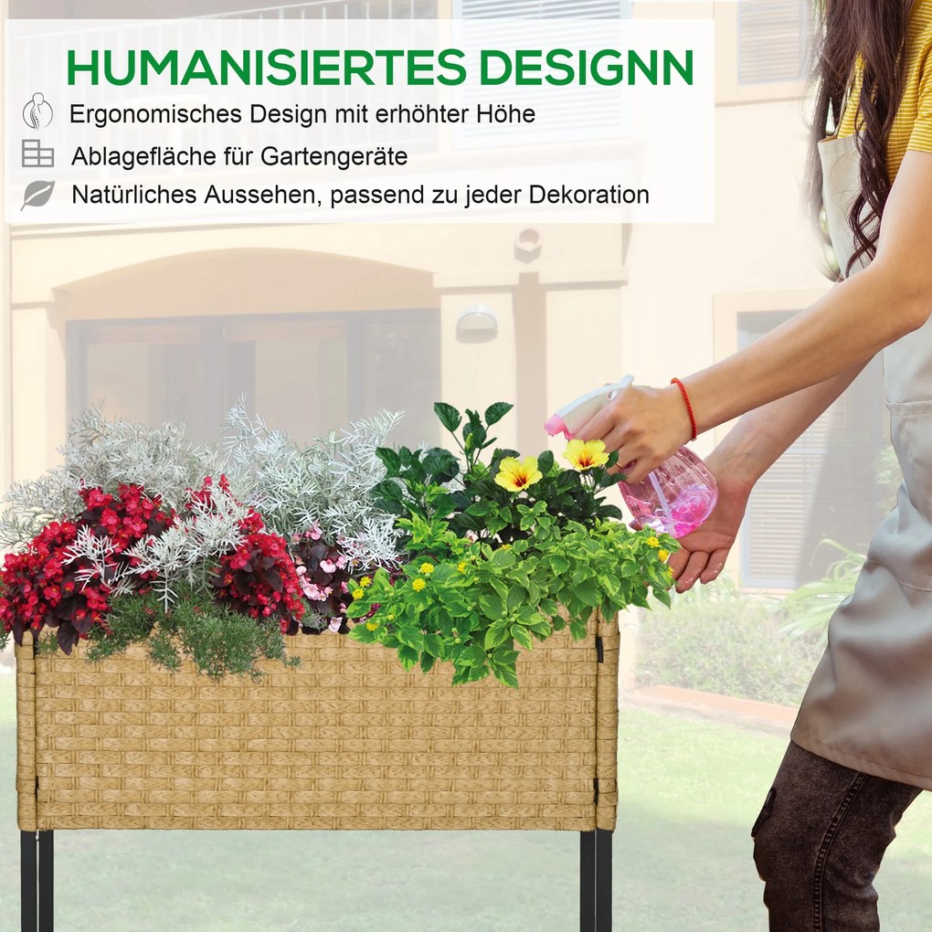 Outsunny Υπερυψωμένο παρτέρι, παρτέρι, βαθύ ράφι, μεταλλικό πλαίσιο/Poly Rattan, 70 x 30 x 72 cm, αμμοχρώματος