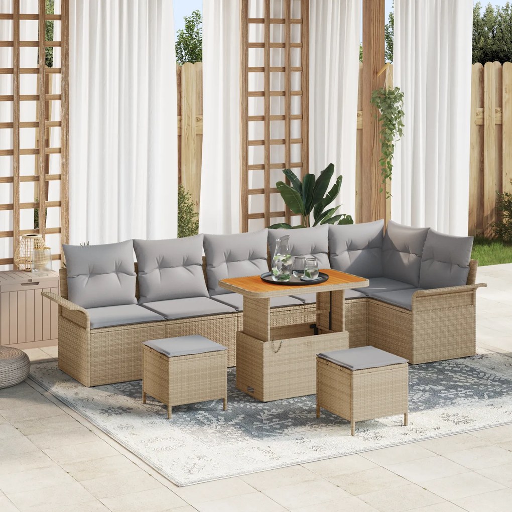 vidaXL Set σαλονιού κήπου 9 θέσεων με μπεζ μαξιλάρια από πολυ-ράττες ακακίας.