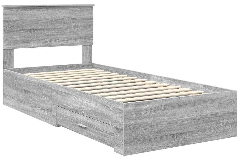 vidaXL Σκελετός Κρεβατιού με συρτάρι Γκρι Σονομά και Ασημί 75 x 190 cm