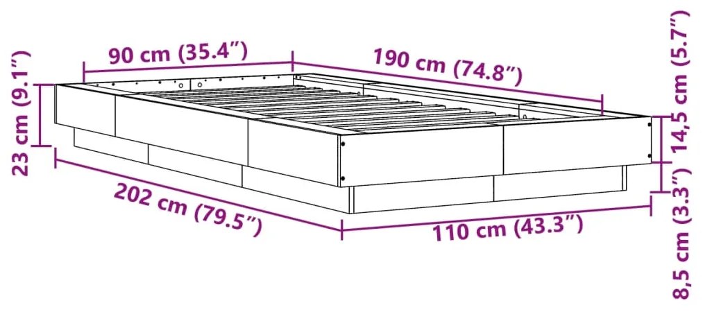 Πλαίσιο Κρεβατιού Γκρι Σκυροδέματος 90 x 190 εκ. Επεξεργ. Ξύλο - Γκρι