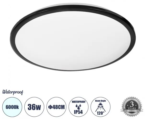 Πλαφονιέρα Οροφής LED 36W IP54 Φ48 6000K Μαύρο 60998 Globostar 60998 Μαύρο