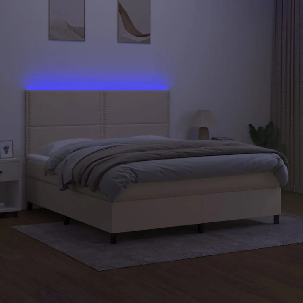 Κρεβάτι Boxspring με Στρώμα &amp; LED Κρεμ 180x200 εκ. Υφασμάτινο - Κρεμ