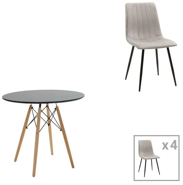 Σετ Τραπεζαρίας Julita-Noor 5 τεμ. MDF Μαύρο - Γκρί - Φυσικό πόδια Φ80x73εκ. 80x80x73 εκ.