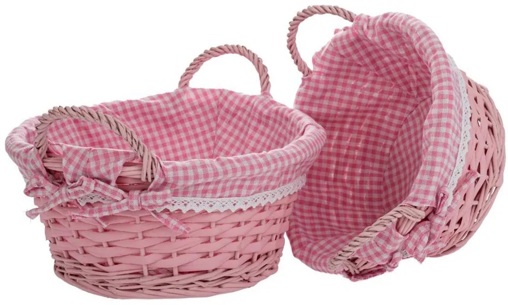 Καλάθι Με Ύφασμα (Σετ 2Τμχ) 89536 30x14-25x12cm Pink Ύφασμα,Ψάθα