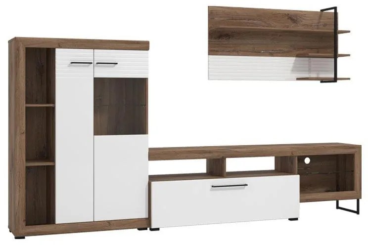 TV Composition Caen Flagstaff Oak - White High Gloss Foil 263x40x170 cm