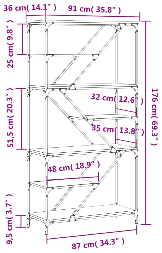 Βιβλιοθήκη Sonoma Δρυς 91 x 36 x 176 εκ. Επεξεργ. Ξύλο / Ατσάλι - Καφέ