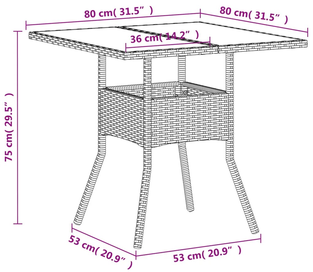 Τραπέζι Κήπου Γυάλινη Επιφάνεια Λευκό 80x80x75 εκ. Συνθ. Ρατάν - Λευκό