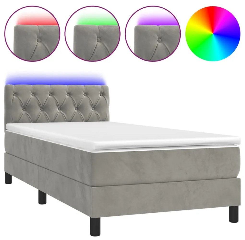 vidaXL Κρεβάτι Boxspring με Στρώμα & LED Αν.Γκρι 80x200 εκ. Βελούδινο